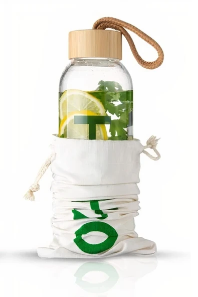 İronika H2O Borosilikat Cam Matara Bambu Vakum Kapaklı Su Şişesi Suluk 600 ML - 1