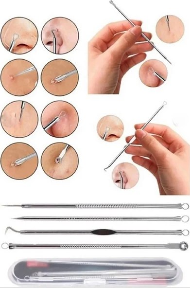 Akne-Siyah Nokta Temizleyici 4'lü Set Paslanmaz Çelik Gümüş Komedon Seti - Resim 3