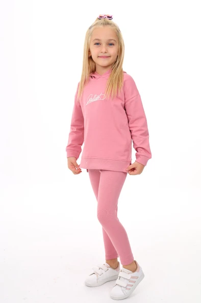 Kız Çocuk 2'li Takım Baskılı Kapüşonlu Düşük Omuz Yırtmaçlı Sweatshirt & Basic Düz Tayt - Resim 2