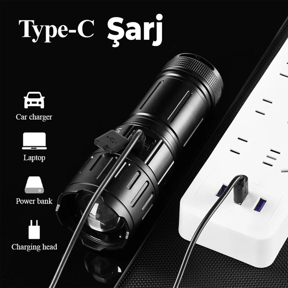 El Feneri Uzun Menzil Zoom Özellikli 80W Şarjlı Powerbank Ledli Işık Kafa Lambası Alüminyum Kasa Kamp - 4