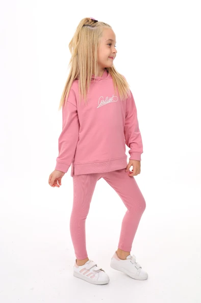 Kız Çocuk 2'li Takım Baskılı Kapüşonlu Düşük Omuz Yırtmaçlı Sweatshirt & Basic Düz Tayt - Resim 4