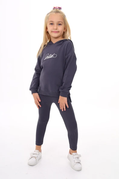 Kız Çocuk 2'li Takım Baskılı Kapüşonlu Düşük Omuz Yırtmaçlı Sweatshirt & Basic Düz Tayt - Resim 9