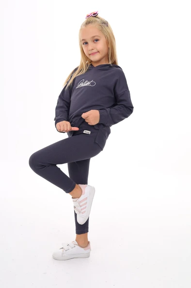 Kız Çocuk 2'li Takım Baskılı Kapüşonlu Düşük Omuz Yırtmaçlı Sweatshirt & Basic Düz Tayt - Resim 8