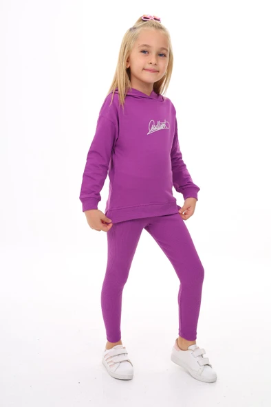 Kız Çocuk 2'li Takım Baskılı Kapüşonlu Düşük Omuz Yırtmaçlı Sweatshirt & Basic Düz Tayt - Resim 11