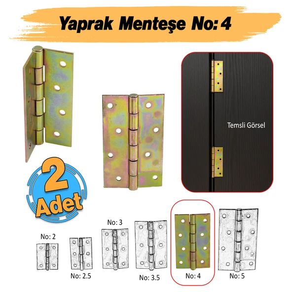 Metal Yaprak Menteşe 2 Adet Prinç Sarı No:4 Mobilya Pencere Kapı Dolap PVC Menteşesi İki Kanatlı ürün görseli