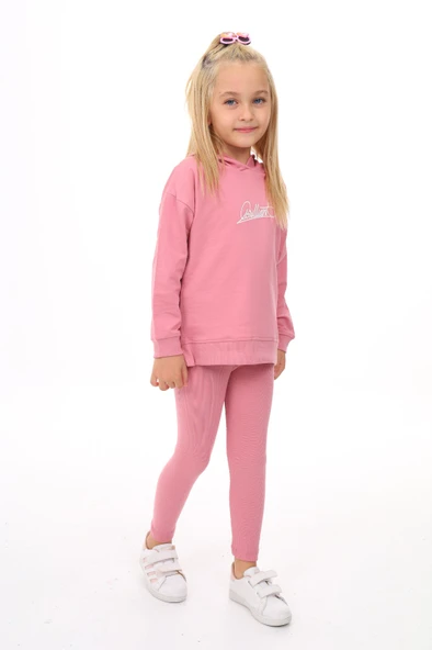 Kız Çocuk 2'li Takım Baskılı Kapüşonlu Düşük Omuz Yırtmaçlı Sweatshirt & Basic Düz Tayt - Resim 3