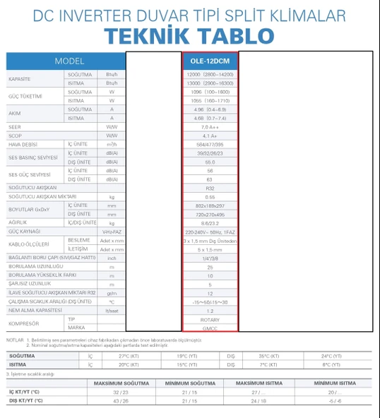 OLEFINI HITECH DCM 12000 BTU DUVAR TİPİ INVERTER SPLİT KLİMA A++ - 3