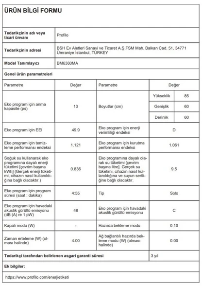 Profilo BM6380MA Bulaşık Makinesi 6 Programlı Inox - Resim 8