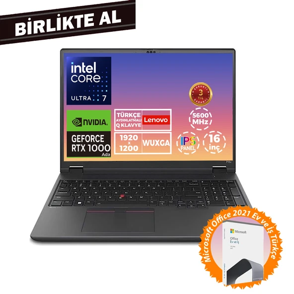 Lenovo MWS P16V G2 U7 155H 24GB 512GB SSD 6 GB RTX1000 16" W11P + Ms Office 21KXS0ASTX 026 ürün görseli 1