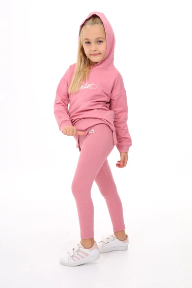 Kız Çocuk 2'li Takım Baskılı Kapüşonlu Düşük Omuz Yırtmaçlı Sweatshirt & Basic Düz Tayt - Resim 7