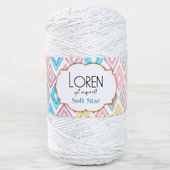Loren Soft Star Makrome İpi Gümüş Simli Beyaz RM10 ürün görseli