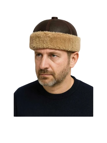 OKCUBABA El Yapımı Hakiki Deri Kürklü Kahverengi Börk Soğuk Geçirmez Geleneksel Başlık - Resim 2