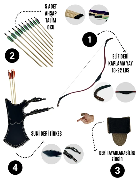 Geleneksel Okçuluk Başlangıç Seti Elif Yay (Kaplamalı) 5 Ok Zihgir Tirkeş ürün görseli