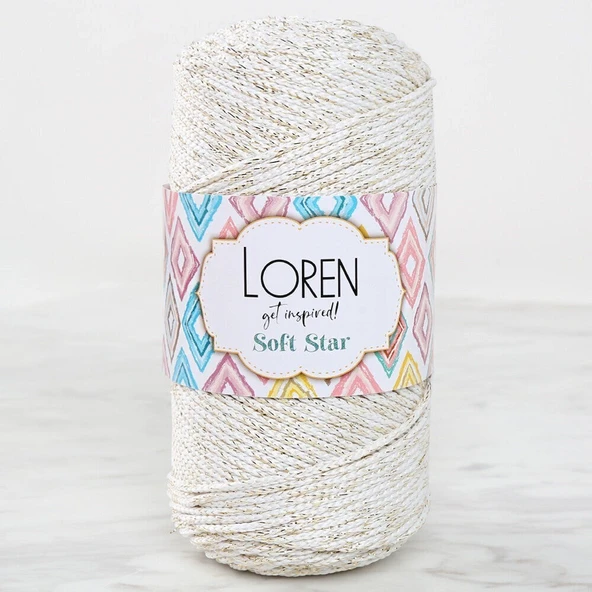 Loren Soft Star Makrome İpi Sarı Simli Krem RM103 ürün görseli