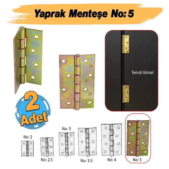 Metal Yaprak Menteşe 2 Adet Prinç Sarı No:5 Mobilya Pencere Kapı Dolap PVC Menteşesi İki Kanatlı ürün görseli