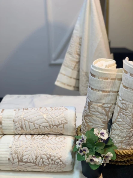 NİVEMESHOME YAPRAK EKRU YÜZ HAVLUSU MÜRDÜM - 2