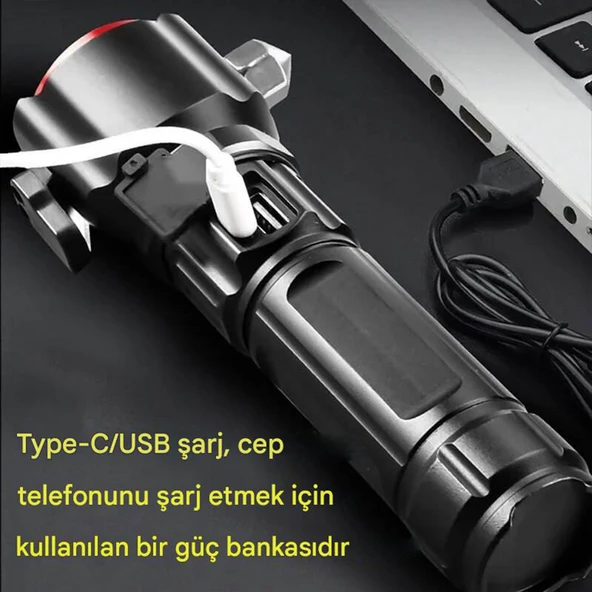 Şarjlı El Feneri | Yüksek Güçlü LED Işık | USB ile Şarj Edilebilir | Su Geçirmez Metal Gövde | Zoom Özellikli - 7