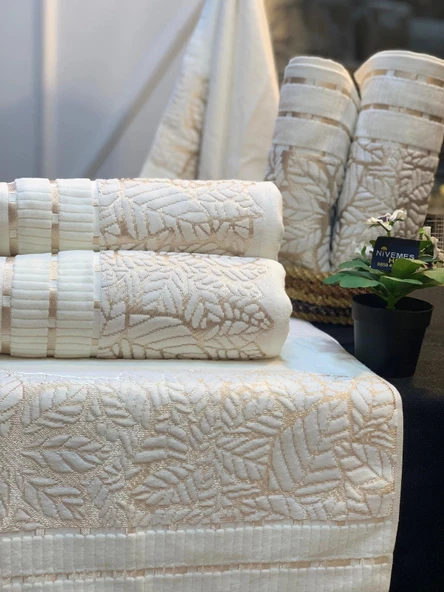 NİVEMESHOME YAPRAK EKRU YÜZ HAVLUSU MÜRDÜM - 7