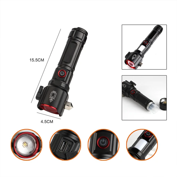 Şarjlı El Feneri | Yüksek Güçlü LED Işık | USB ile Şarj Edilebilir | Su Geçirmez Metal Gövde | Zoom Özellikli - 5