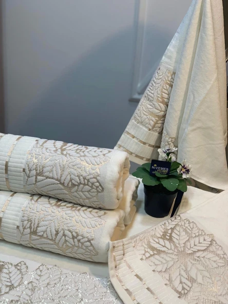 NİVEMESHOME YAPRAK EKRU YÜZ HAVLUSU MÜRDÜM - 3