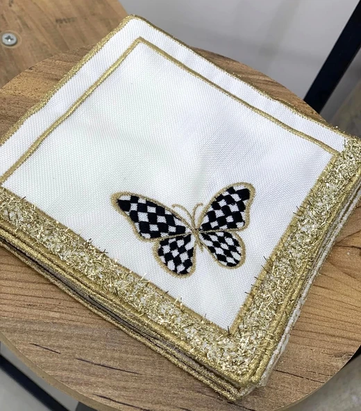 NİVEMESHOME SİYAH KELEBEK  NAKIŞLI GOLD KARE (6 ADET) KETEN KOKTEYL PEÇETESİ KAHVE YANI SUNUMLUK