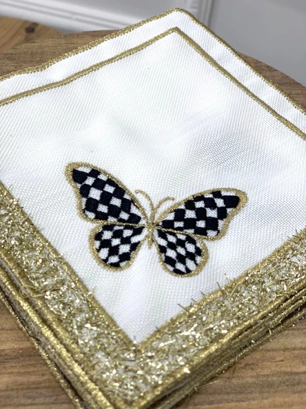 NİVEMESHOME SİYAH KELEBEK  NAKIŞLI GOLD KARE (6 ADET) KETEN KOKTEYL PEÇETESİ KAHVE YANI SUNUMLUK - 3