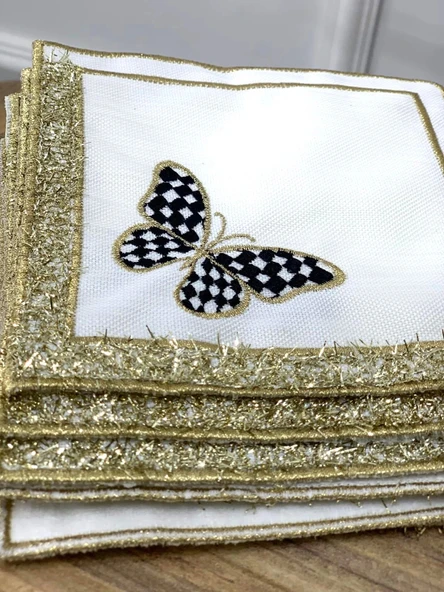 NİVEMESHOME SİYAH KELEBEK  NAKIŞLI GOLD KARE (6 ADET) KETEN KOKTEYL PEÇETESİ KAHVE YANI SUNUMLUK - 2