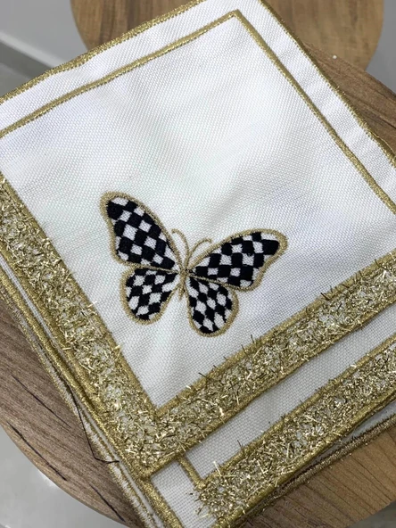 NİVEMESHOME SİYAH KELEBEK  NAKIŞLI GOLD KARE (6 ADET) KETEN KOKTEYL PEÇETESİ KAHVE YANI SUNUMLUK - 4