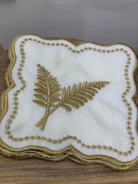 NİVEMESHOME YAPRAK NAKIŞLI GOLD KARE (6 ADET) KETEN KOKTEYL PEÇETESİ KAHVE YANI SUNUMLUK - 2