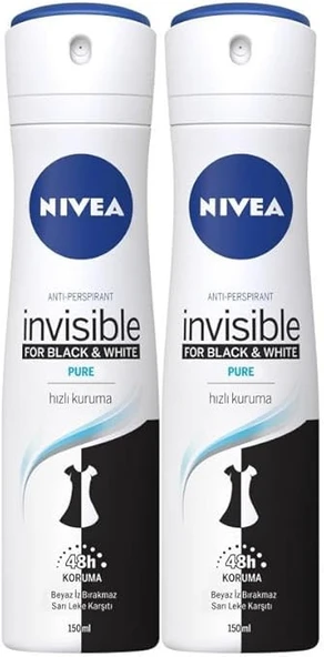 NIVEA Kadın Sprey Deodorant Black&White Invisible Pure 150ml, 72 Saat Anti-perspirant Ter Koruması, X2 Adet