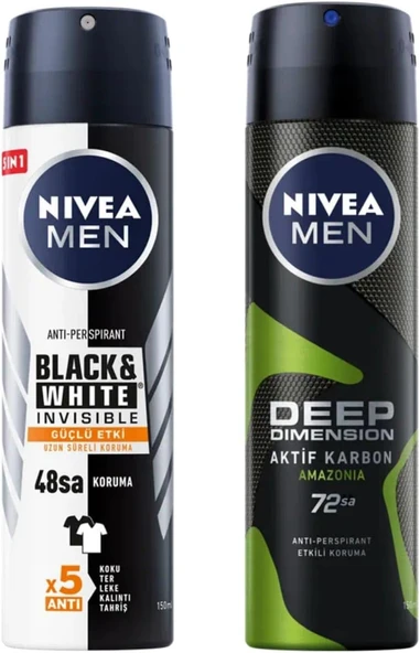 NIVEA Men Erkek Sprey Deodorant Black & White Invisible Etki 48 Saat Anti-perspirant Koruma (150ml) X2 +NIVEA Men Erkek Sprey Deodorant Deep Dimension Amazonia 48 Saat Anti-perspirant Koruma, 150 ml ürün görseli 1