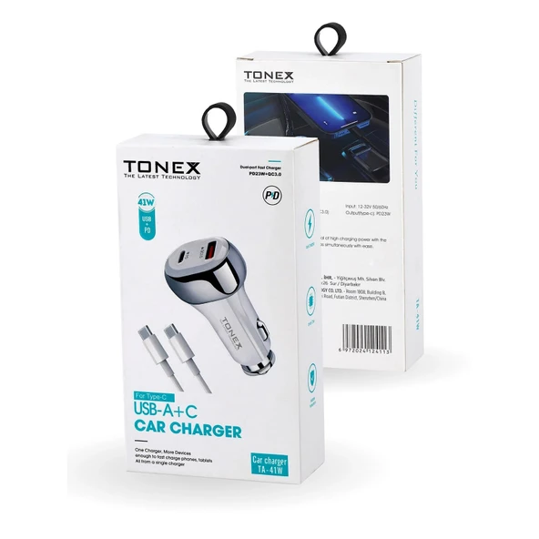 Tonex TA-41W PD + USB-A Type-C to Type-C Kablolu Araç İçi Şarj Aleti - 3