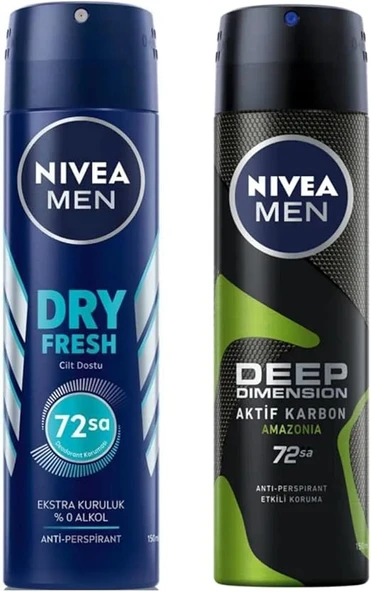 NIVEA Men Erkek Sprey Deodorant Dry Fresh 72 Saat Anti-perspirant Koruma, Ekstra Kuruluk, 150 ml X2 + NIVEA Men Erkek Sprey Deodorant Deep Dimension Amazonia 48 Saat Koruma, 150 ml
