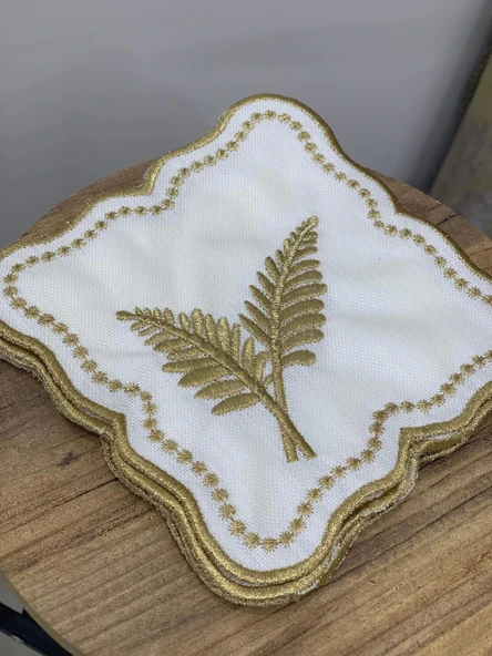 NİVEMESHOME YAPRAK NAKIŞLI GOLD KARE (6 ADET) KETEN KOKTEYL PEÇETESİ KAHVE YANI SUNUMLUK - 3