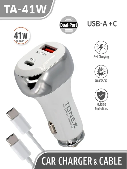 Tonex TA-41W PD + USB-A Type-C to Type-C Kablolu Araç İçi Şarj Aleti - 2