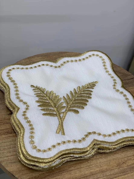 NİVEMESHOME YAPRAK NAKIŞLI GOLD KARE (6 ADET) KETEN KOKTEYL PEÇETESİ KAHVE YANI SUNUMLUK - 4