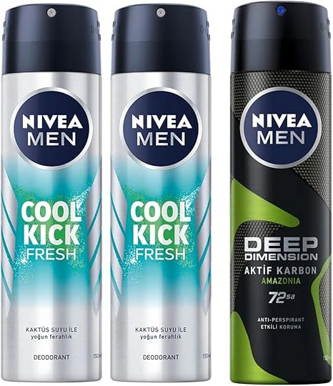 NIVEA Men Erkek Sprey Deodorant Cool Kick Fresh, 150 ml X2 + NIVEA Men Erkek Sprey Deodorant Deep Dimension Amazonia 48 Saat Anti-perspirant Koruma, 150 ml ürün görseli 1