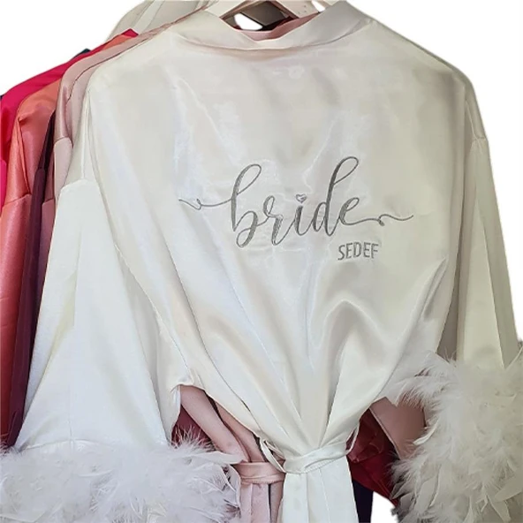 Kişiye Özel Nakışlı Gelin Sabahlığı Gümüş Sim İşlemeli Kolu Tüylü