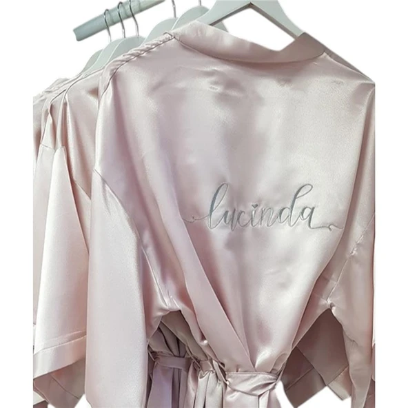 Kişiye Özel Nakışlı Sabahlık Gümüş Sim İşlemeli Pudra Pembe - 2
