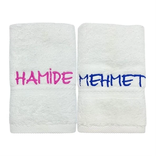 İsimli Nakışlı Beyaz Havlu 2 li set - 1