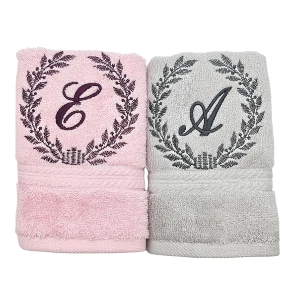 Kişiye Özel El Havlusu 30x50 2 li set Pembe - Gri - 1
