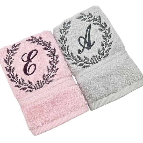 Kişiye Özel El Havlusu 30x50 2 li set Pembe - Gri - 2