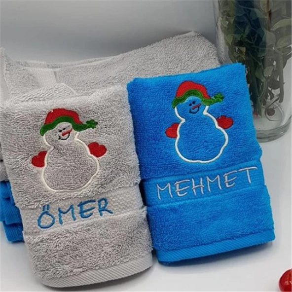 İsimli Yılbaşı Havlusu 2 li Set Kardan Adan Gri Mavi 30x50cm - 1