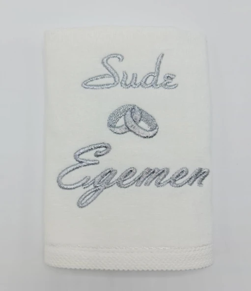 İsimli Yüzük Desenli Ekru Kadife Söz Havlusu 30x50 Cm - 1