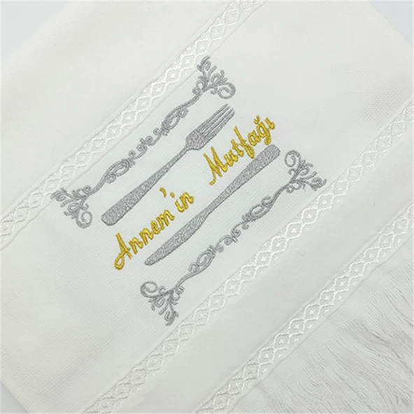 Nakışlı Kadife Beyaz El Havlusu Annemin Mutfağı 30x50 Cm - 1