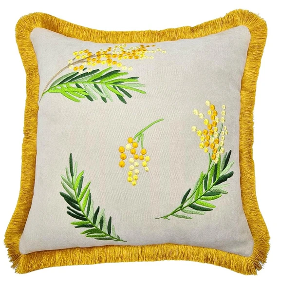 Mimoza Desenli Kadife  Ekru - Hardal Püsküllü Yastık 40x40 - 1
