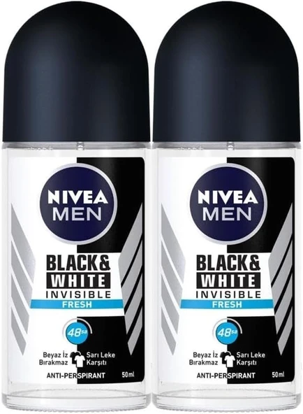 NIVEA MEN Erkek Roll on Deodorant Black&White Invisible Fresh, Ter ve Ter Kokusuna Karşı 48 Saat Anti-perspirant Koruma 50ml x2 Adet ürün görseli 1