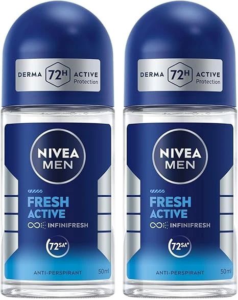 NIVEA MEN Erkek Roll On Deodorant Fresh Active 50ml,Terlemeye Karşı 72 Saat Deodorant Koruması,X2 Adet, Avantajlı Paket