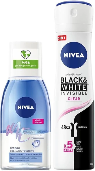 NIVEA Çift Fazlı Göz Makyaj Temizleyici 125ml ve Kadın Sprey Deodorant Black&White Invisible Clear 150ml ürün görseli