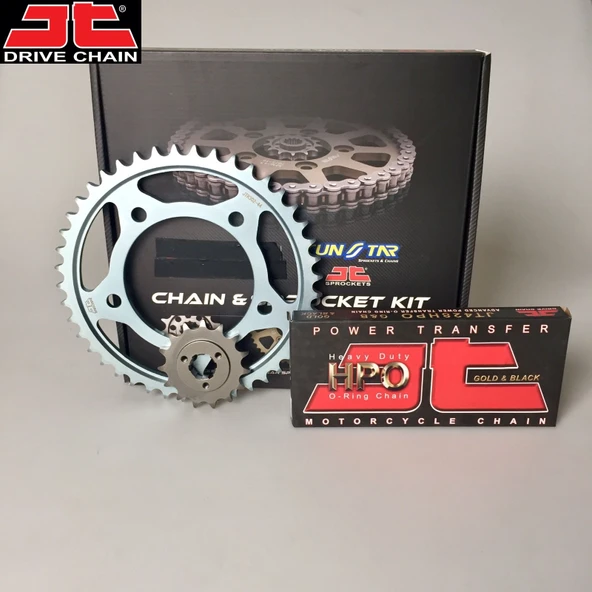 ZİNCİR DİŞLİ SETİ YAMAHA YBR 125cc ZİNCİR: JT-428ORING Gold-118 ÖN DİŞLİ: SUNSTAR 14T ARKA DİŞLİ: JT 45T 2005-2014 ürün görseli